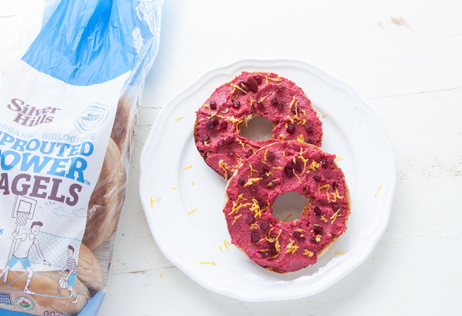 Clean Cashew Cream Cheese - Roasted Beet Variation on Plain Silver Hills Bakery Sprouted Bagels