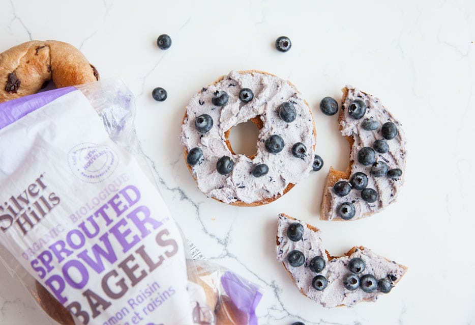 Clean Cashew Cream Cheese - Blueberry Variation on Cinnamon Raisin Silver Hills Bakery Sprouted Bagels