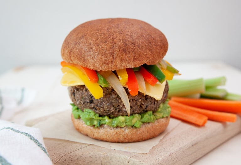 Fajita Veggie Burger on a Silver Hills Bakery sprouted whole grain burger bun