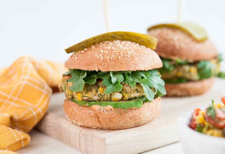 Green Monster Veggie Burger on a Silver Hills Bakery sprouted whole grain burger bun topped with sesame seeds