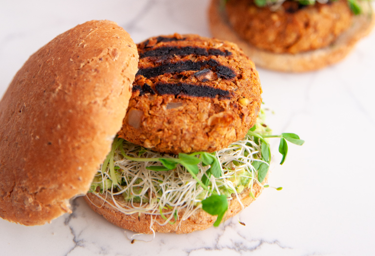 Easy Homemade Grillable Veggie Burger on a Silver Hills Bakery sprouted whole grain burger bun