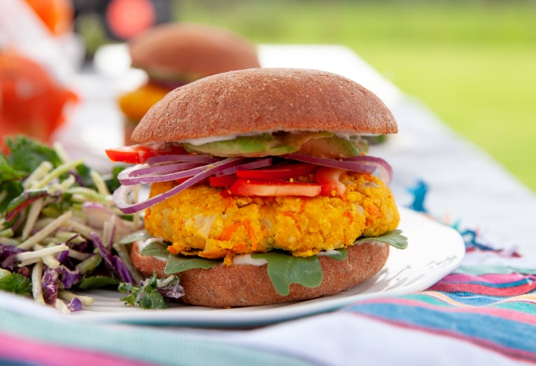 Turmeric Burger on a Silver Hills Bakery sprouted whole grain burger bun