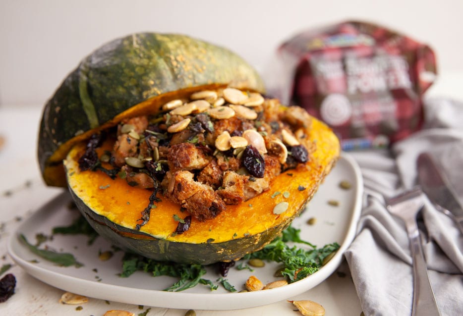 Stuffed Kabocha Squash with Sprouted Whole Grain Bread Stuffing
