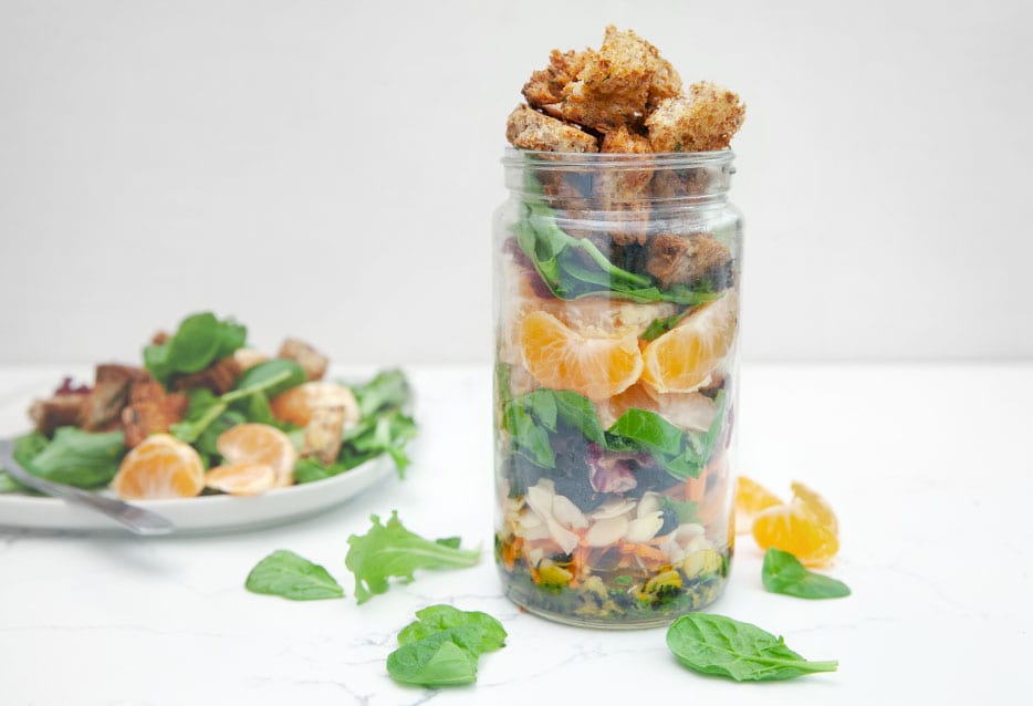 Mandarin Orange Mason Jar Salad with Sprouted Whole Grain Croutons