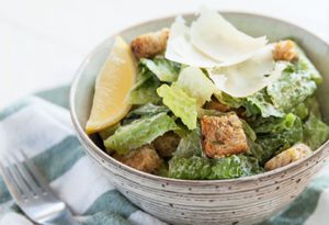 caesar salad with sprouted bread croutons