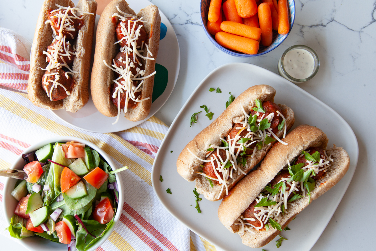 Make and Freeze Vegan Meatball Sub Sandwiches on Silver Hills Bakery Sprouted Hot Dog Buns