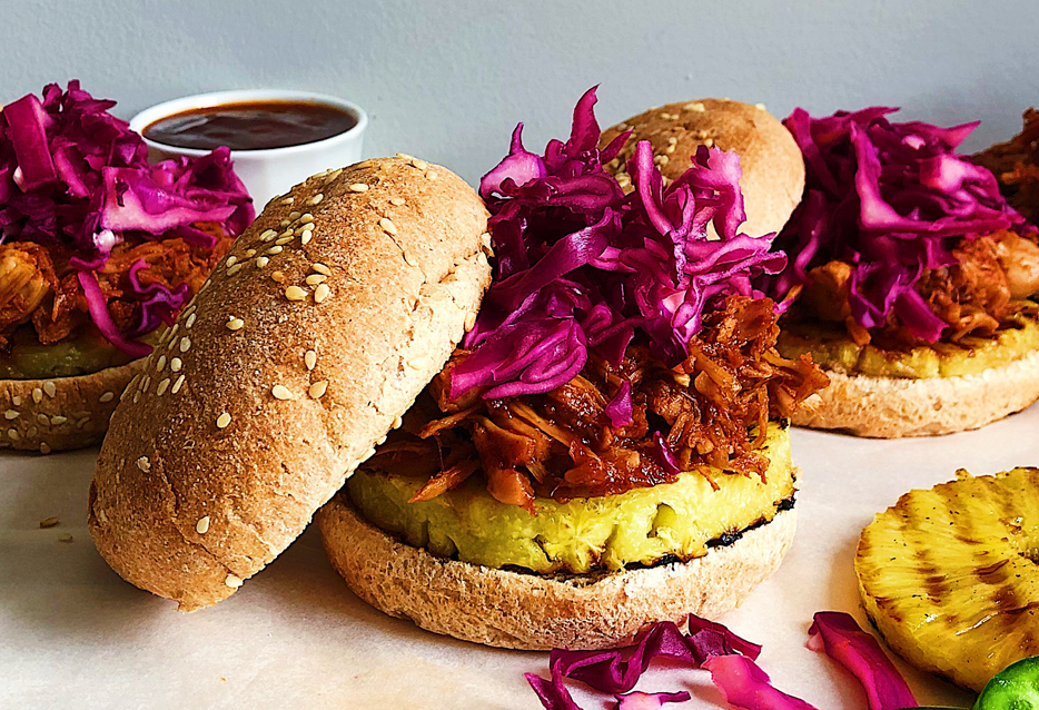 BBQ Jackfruit Sandwich with Grilled Pineapple and Quick-Pickled Cabbage Slaw