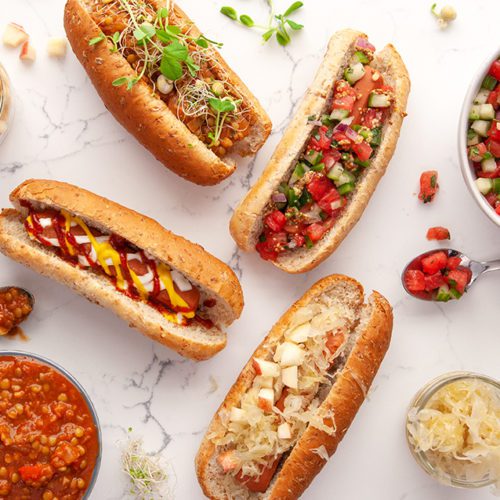 Healthy Hot Dog Topping Ideas for Veggie Dogs (Served on Silver Hills Bakery Sprouted Whole Grain Hot Dog Buns)