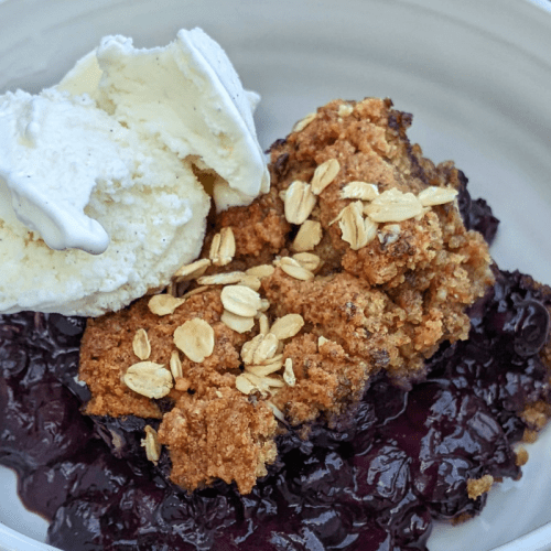 Silver Hills Bakery employee Benedict C's Blueberry and Sprouted Breadcrumb Cobbler with vegan vanilla ice cream