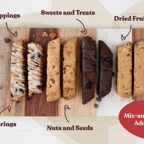 4 variations of Sprouted Breadcrumb Biscotti with Mix-and-Match Add-ins on a wood serving board