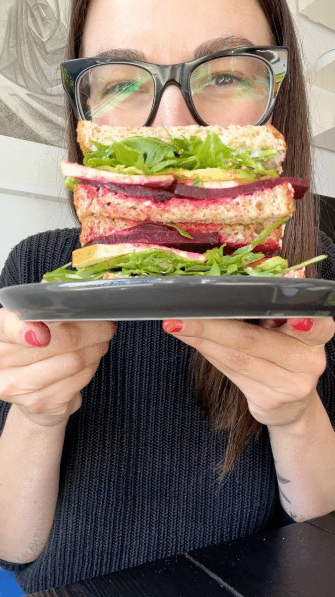Desiree RD’s Roasted Beet Avocado Sandwich on Silver Hills Bakery The Big 16 sprouted whole grain bread