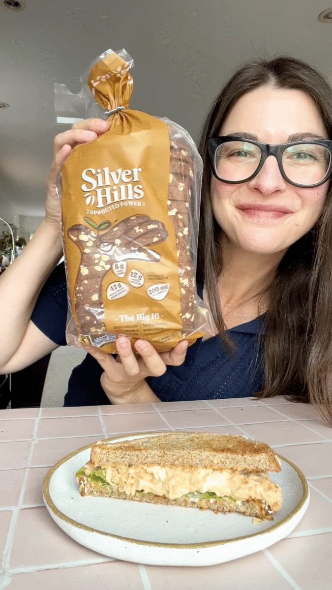 Desiree RD’s Buffalo Chickpea Sandwich Filling recipe served on Silver Hills Bakery The Big 16 sprouted whole grain bread