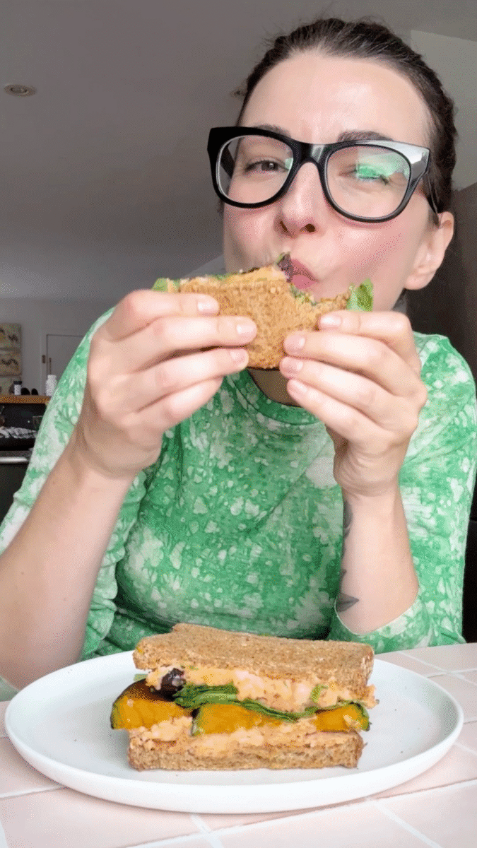 Desiree RD and her Harissa Smashed White Bean + Pumpkin Sandwich