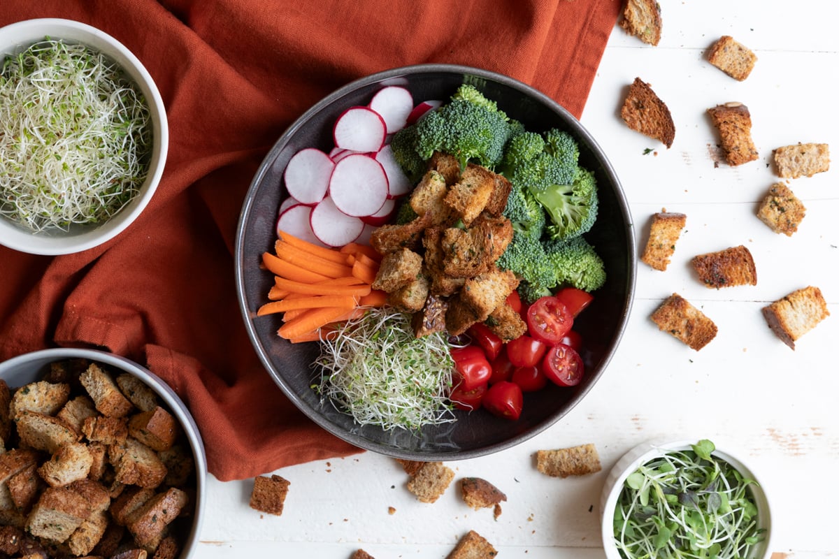 Overhead view of sprouted croutons on a salad with broccoli, radishes, fresh sprouts, carrots, and tomatoes