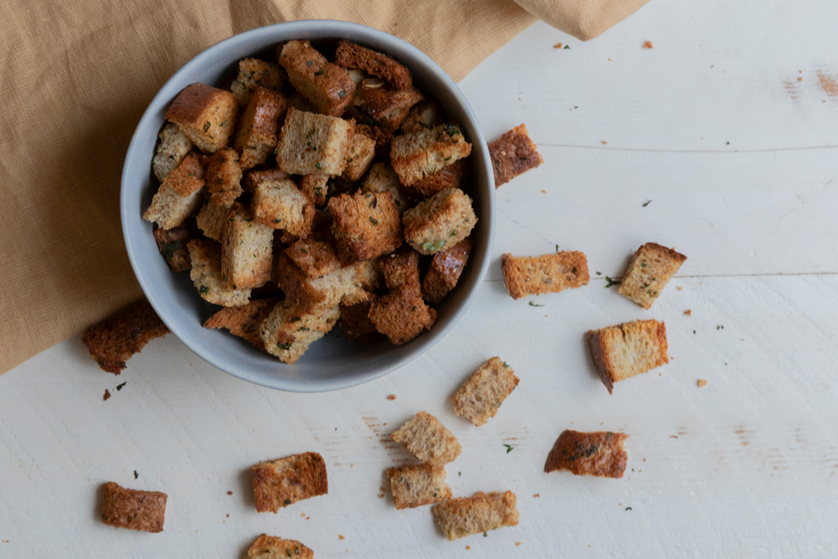 Garlicky sprouted croutons made from Silver Hills Bakery organic Soft Wheat and Multigrain breads