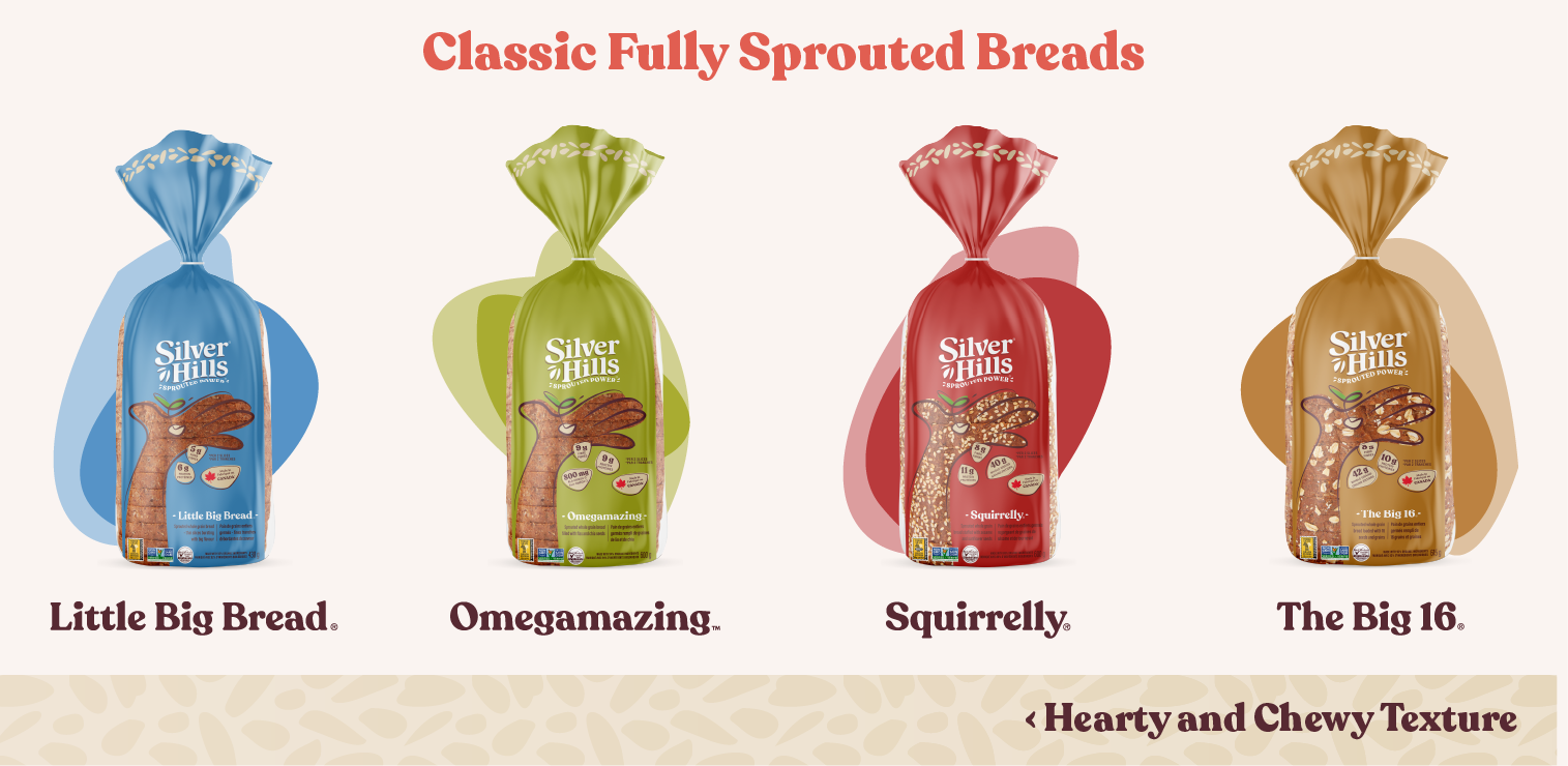 Silver Hills Bakery's Classic Fully Sprouted Breads: Squirrelly Bread, The Big 16, Little Big Bread, and Omegamazing
