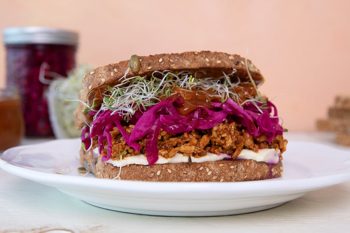 Sweet & Spicy BBQ Shredded Tofu Sandwich + Pickled Red Onion